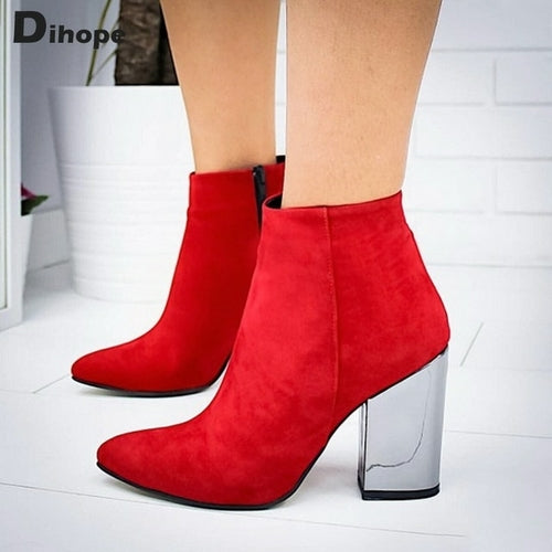 Dihope Chunky Heel Leather Ankle Boots