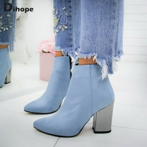 Dihope Chunky Heel Leather Ankle Boots