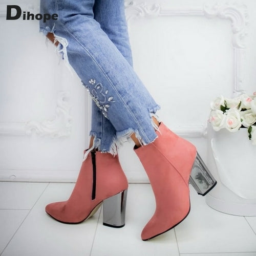 Dihope Chunky Heel Leather Ankle Boots