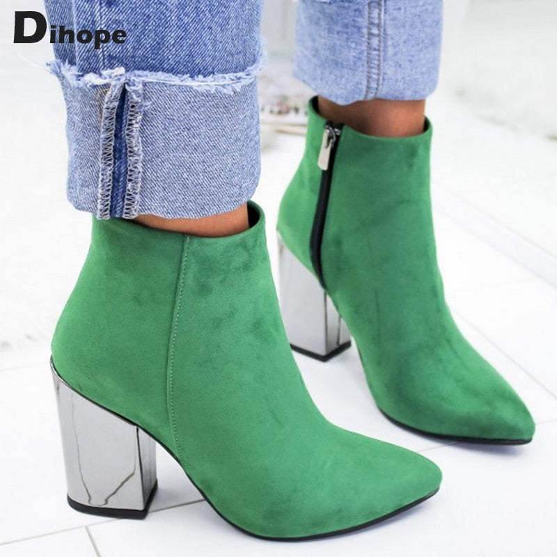 Dihope Chunky Heel Leather Ankle Boots