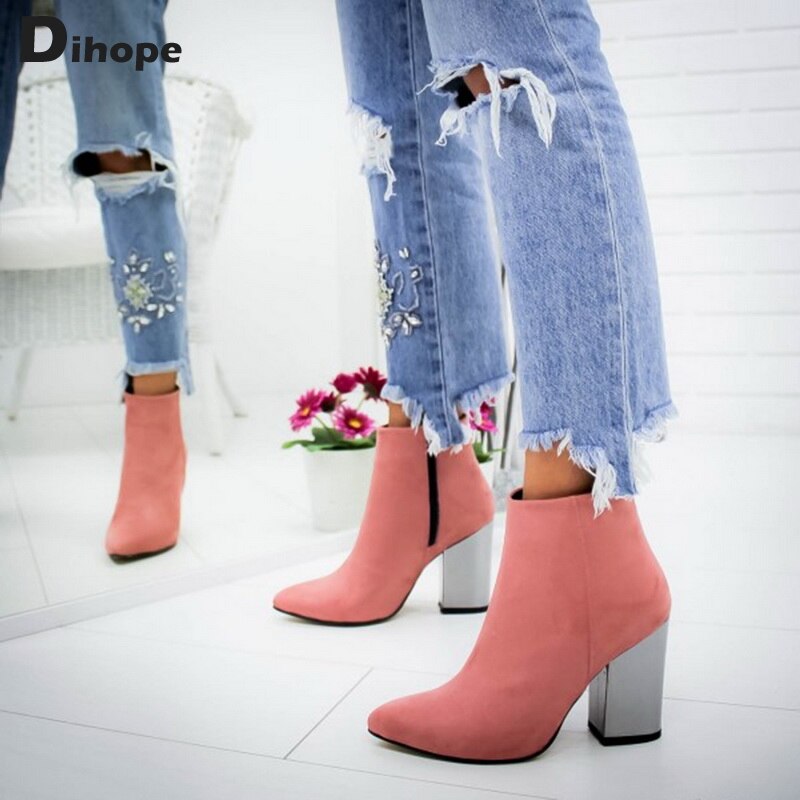 Dihope Chunky Heel Leather Ankle Boots