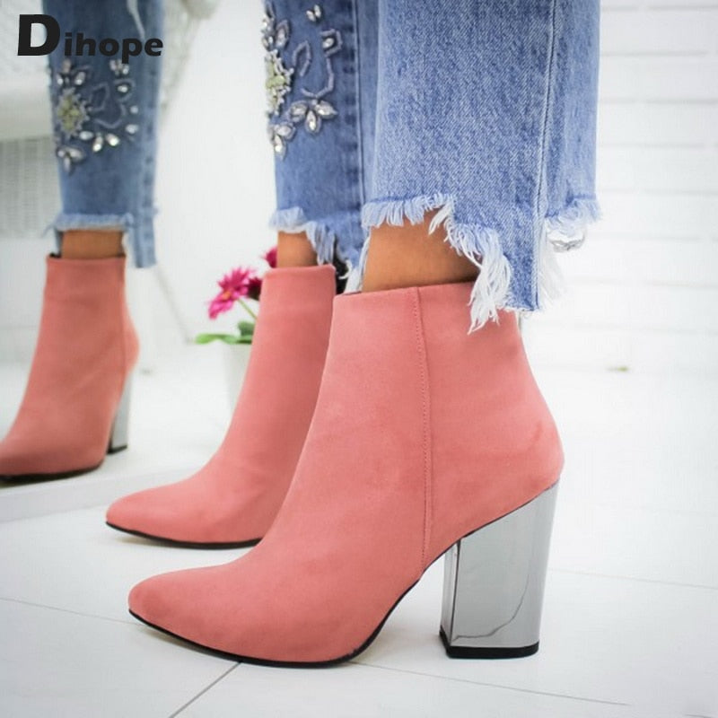 Dihope Chunky Heel Leather Ankle Boots