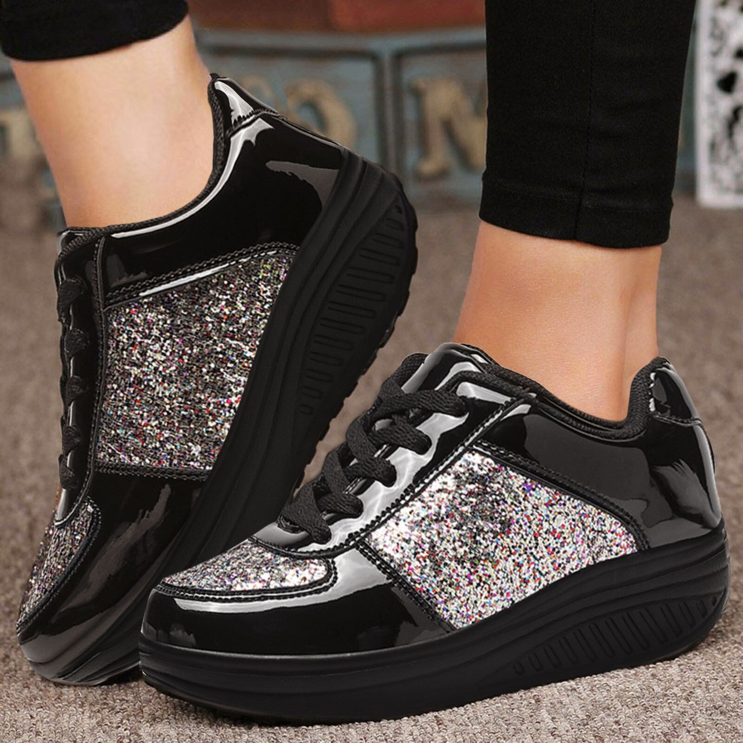 Glitter Wedge Leather Sneakers